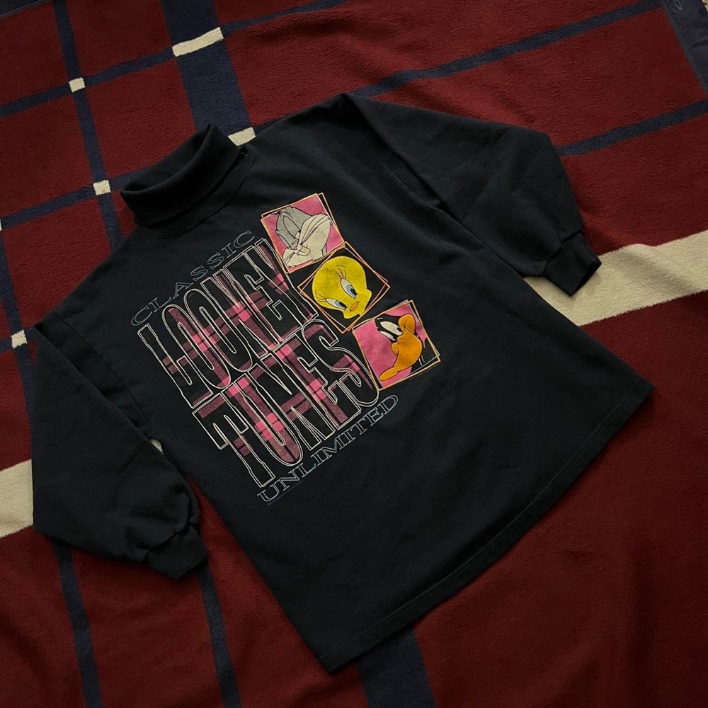 Vtg 90s Looney Tunes navy fold over turtle neck sweatshirt Bugs Tweety Daffy L